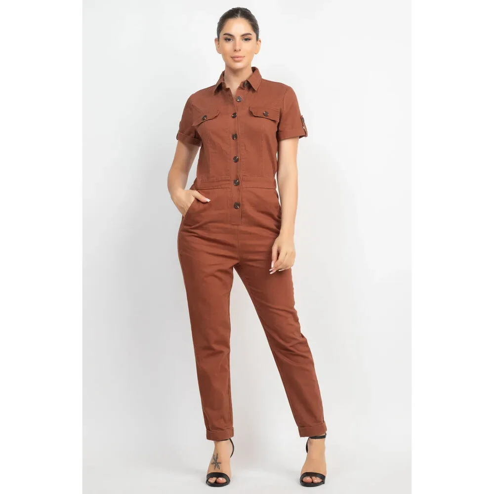 Collared Button-front Jumpsuit - Picture 1 of 4
